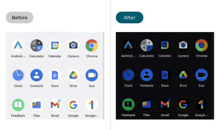 Android 12 apps tray before and after colour inversion